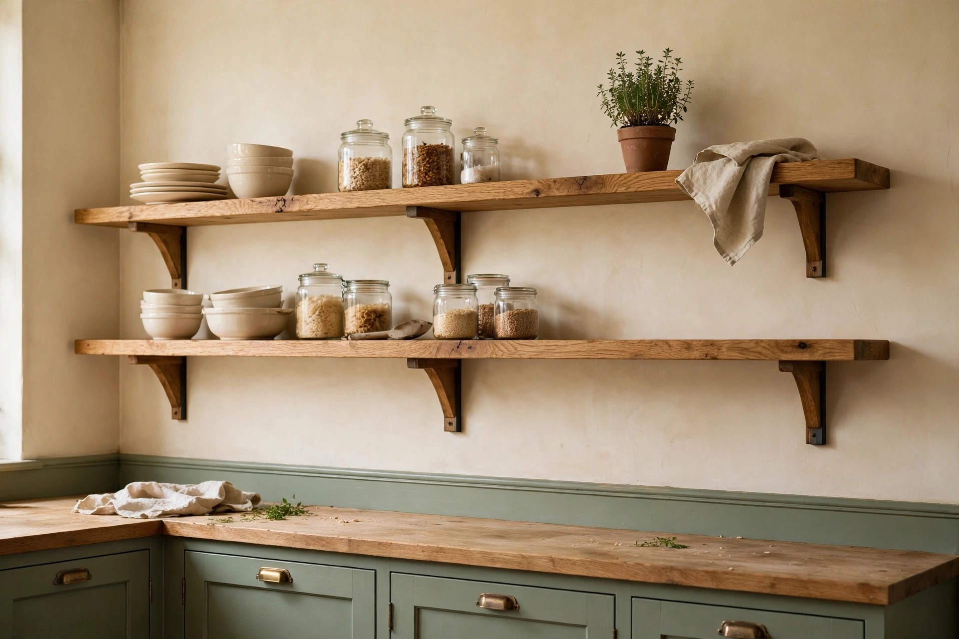 Open oak shelves with cream crockery above sage green cabinets