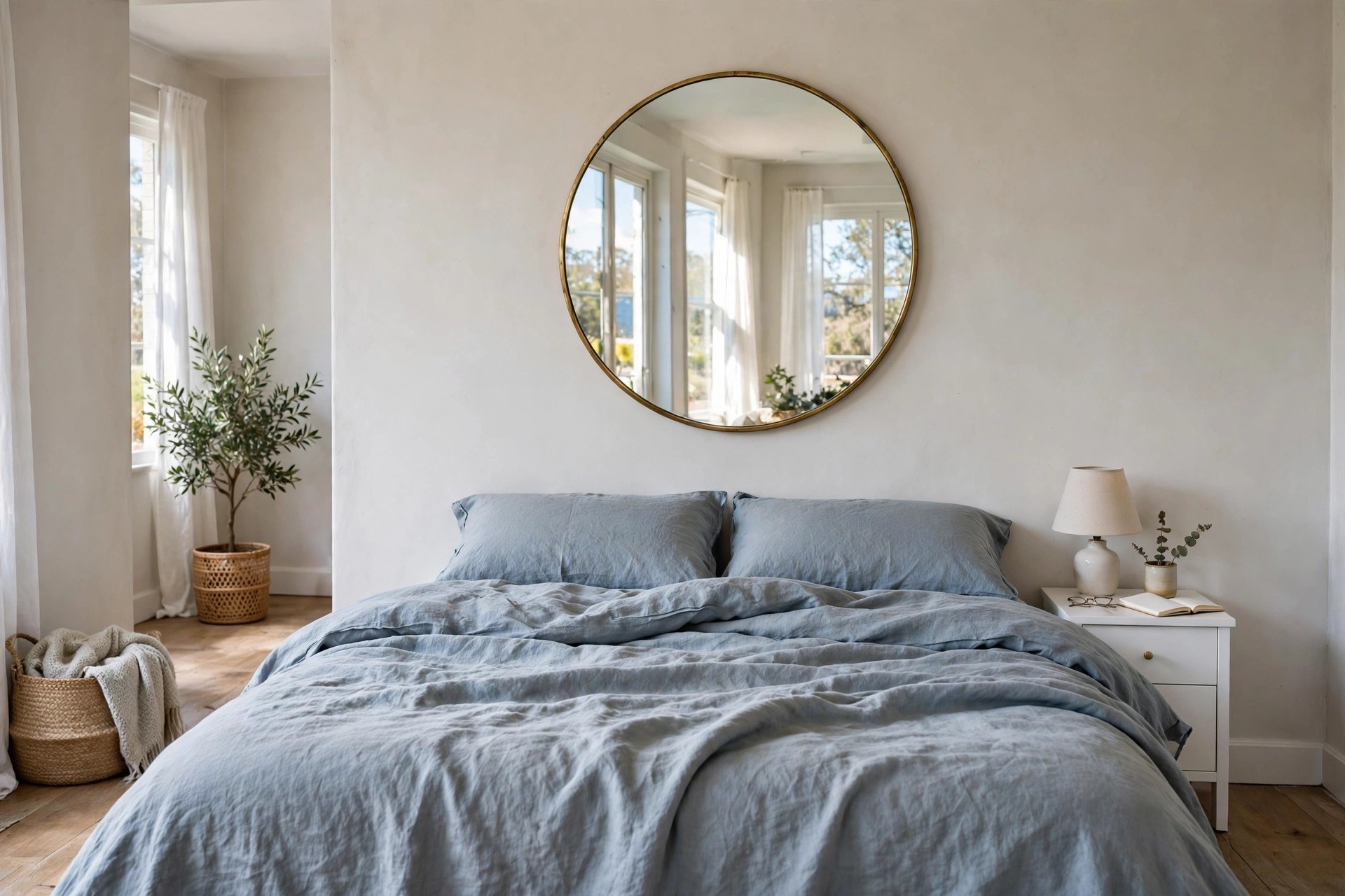 Large round brass mirror used as wall decor above bed with blue-grey linen and no headboard
