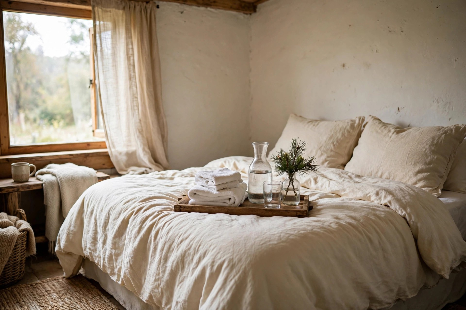 Guest bedroom welcome tray with folded towels, a carafe and a sprig of pine for Christmas