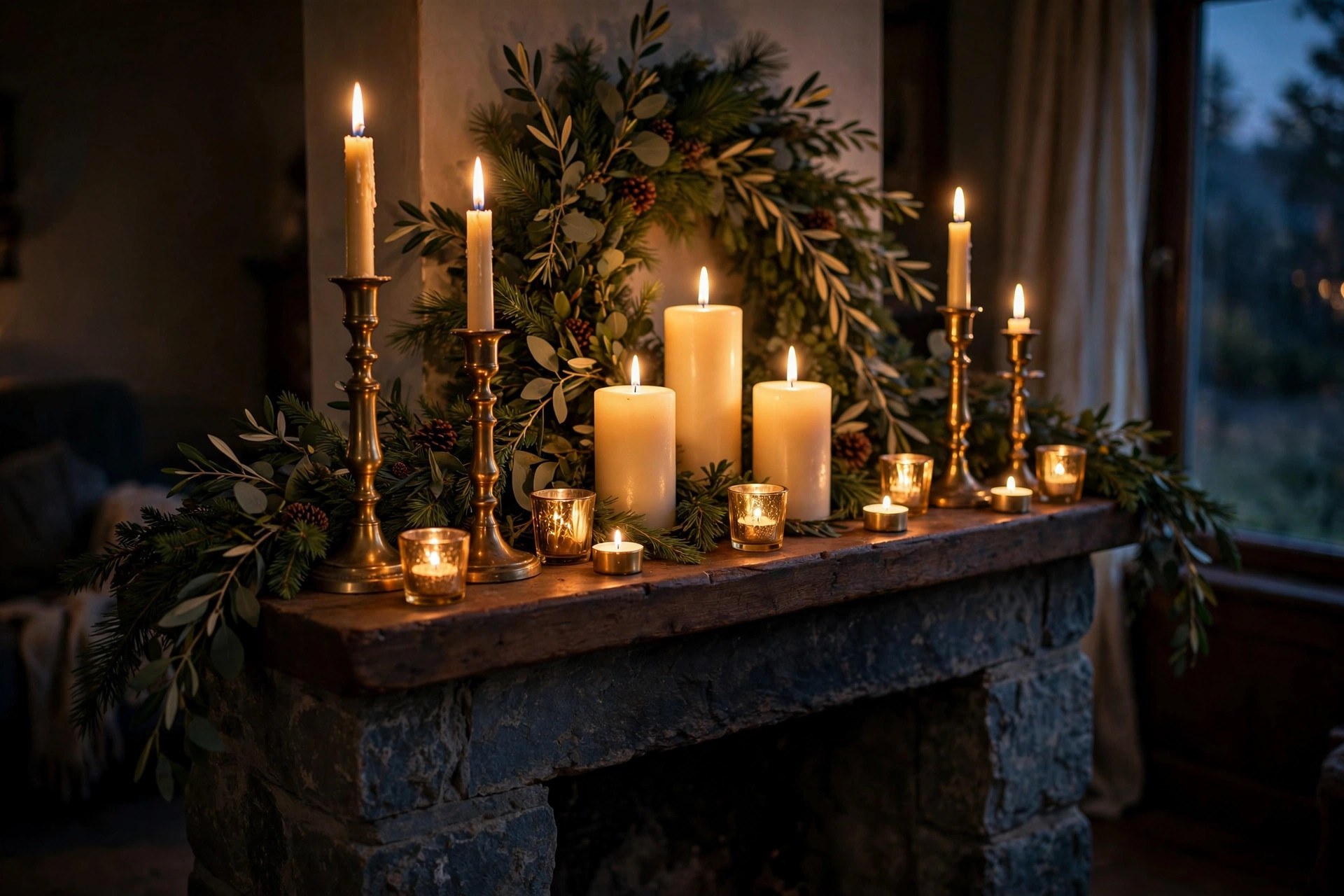 Gold candlesticks and pillar candles glowing on a mantel in an elegant Christmas living room