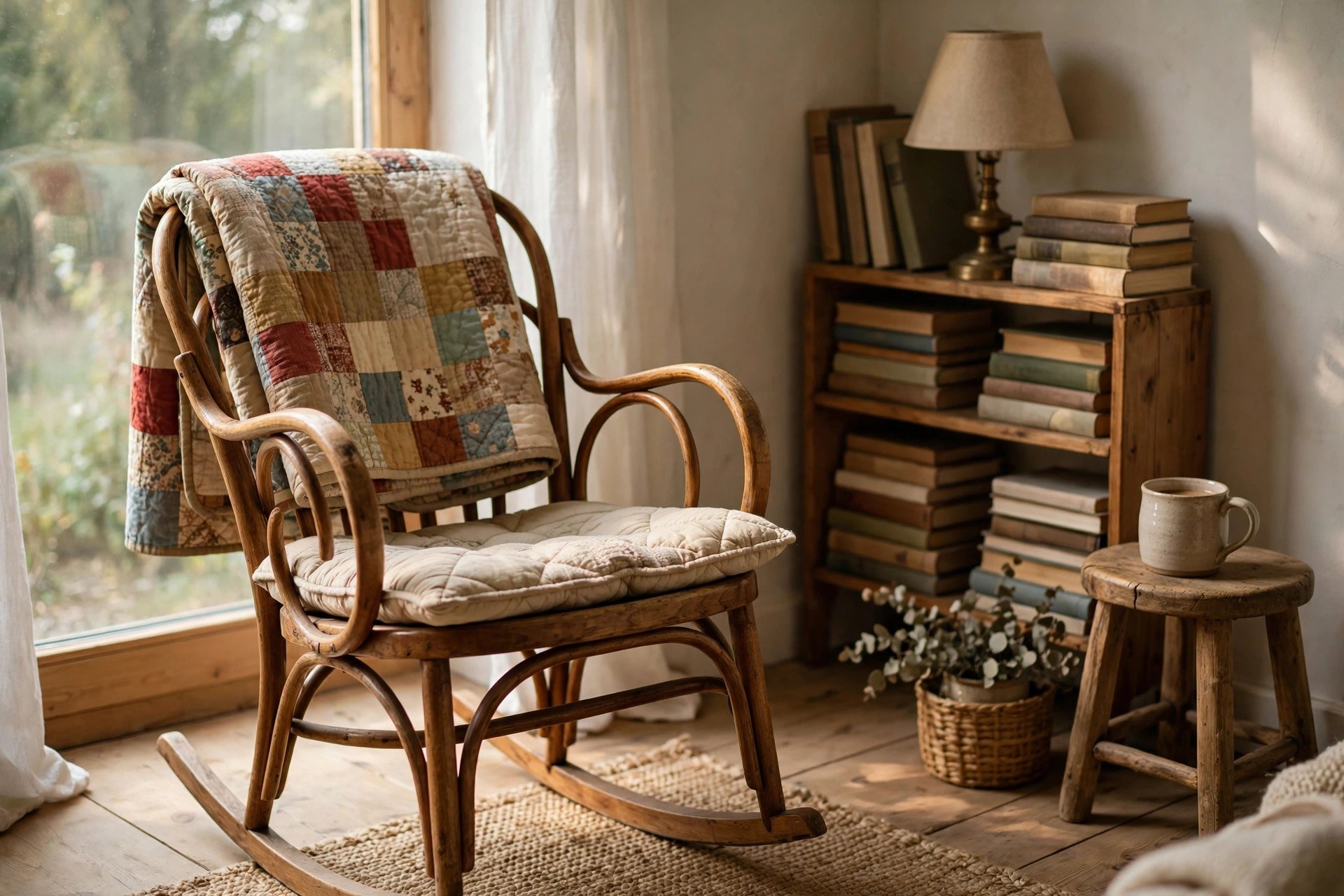 Bentwood rocking chair with a patchwork quilt beside a small bookshelf, a gentle rocking reading chair for a small space