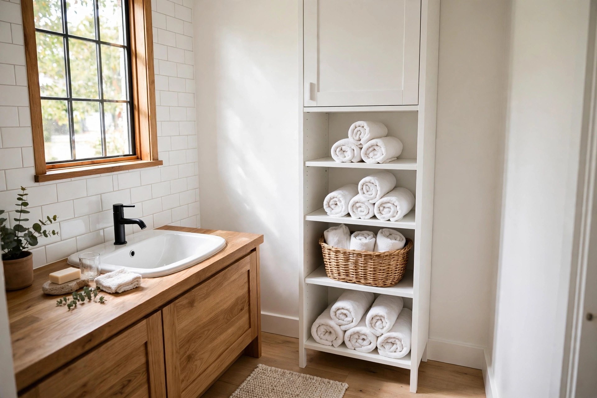 Tall narrow tower cabinet and vertical storage in a small bathroom