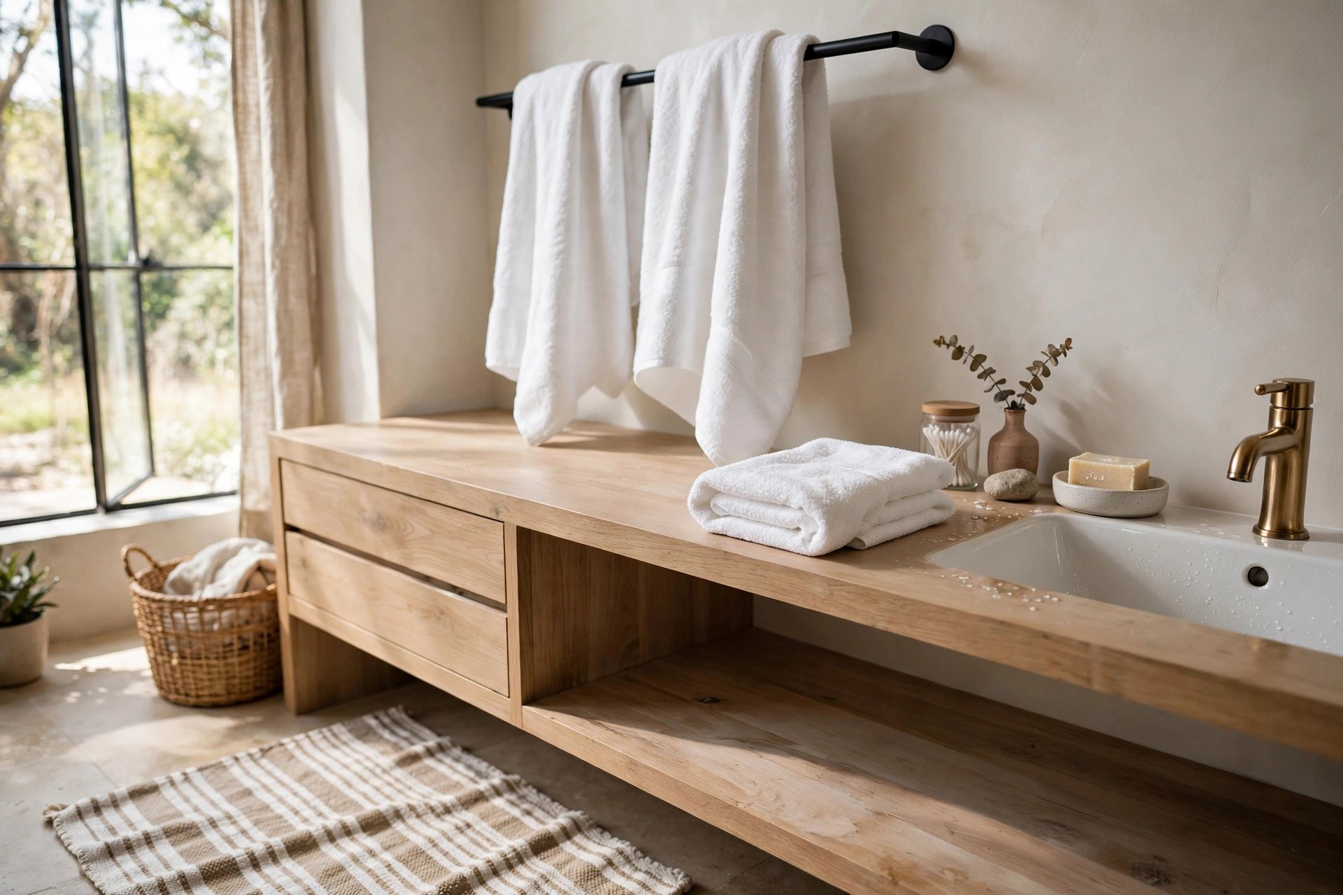 Crisp white towels on a rail with a striped bath mat in a bathroom textile refresh
