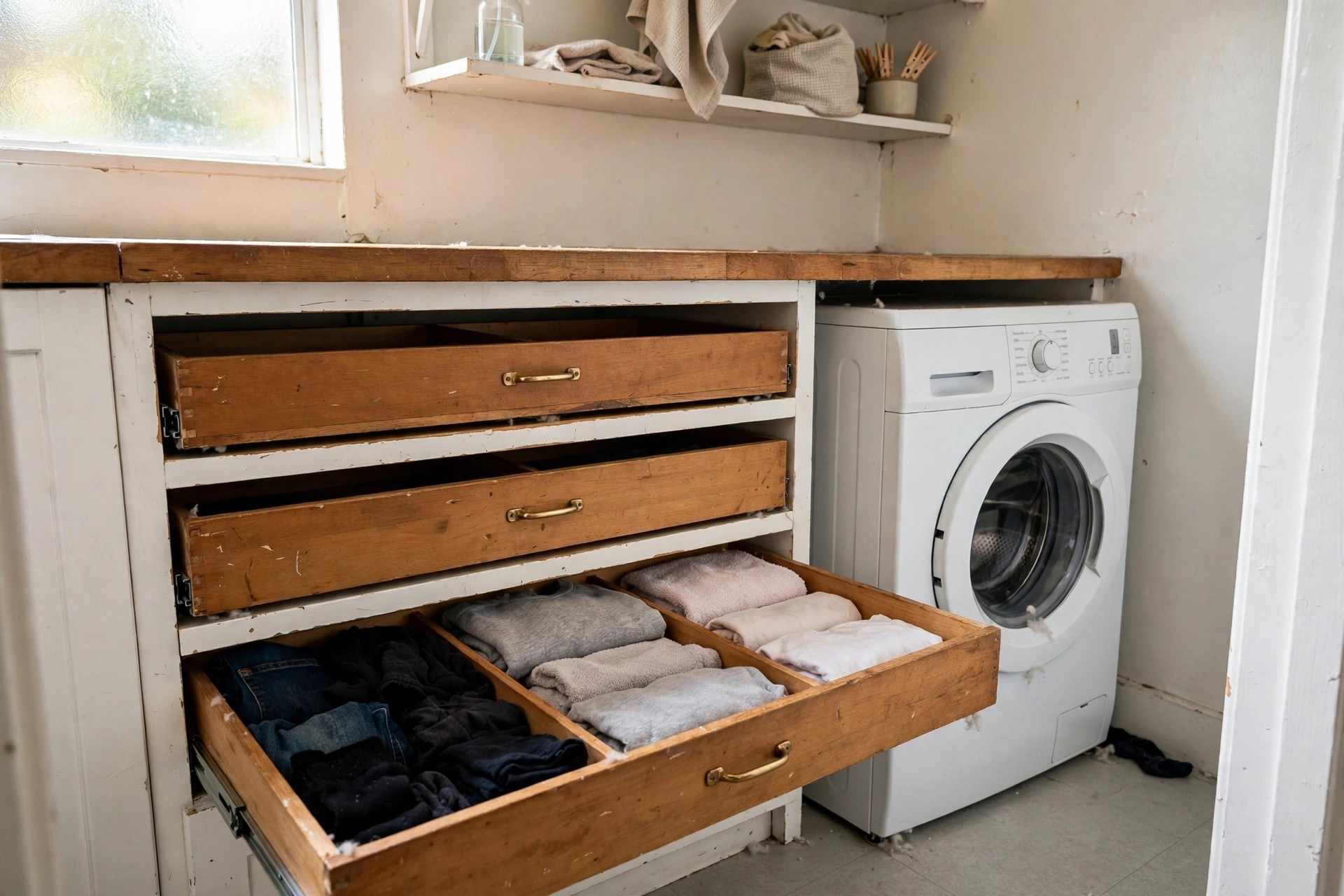Pull-out divided hamper drawers beneath a counter in a laundry closet