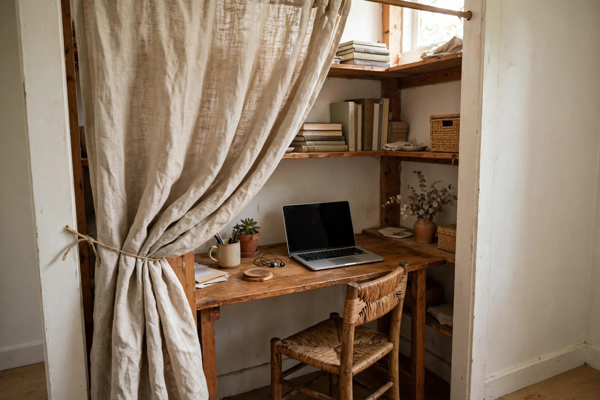Curtain-front cloffice in a bedroom with a linen curtain drawn to one side revealing a desk