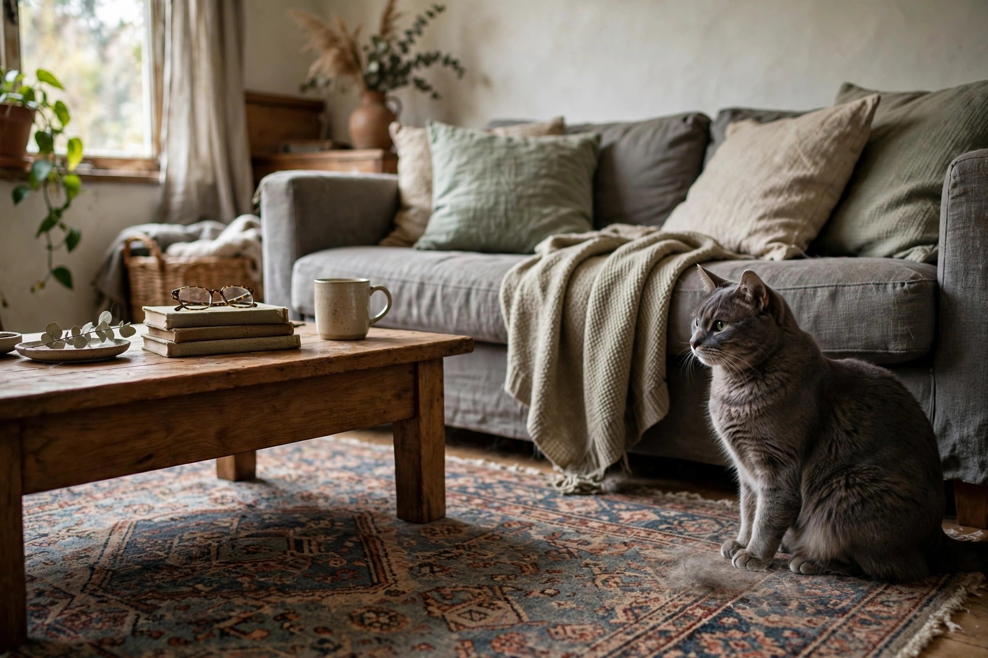 Low-pile patterned rug in a living room hiding light cat fur with a cat sitting at its edge