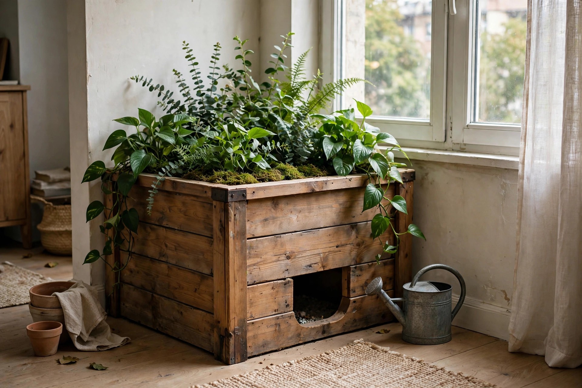 Planter-style litter box enclosure with green plants on top in a bright apartment corner