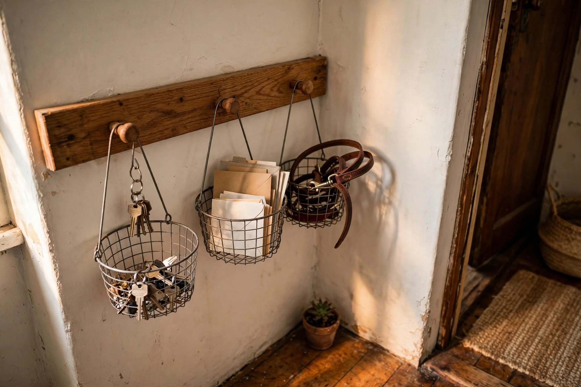 Cabinet door organisers holding wraps and small jars inside a kitchen cupboard door