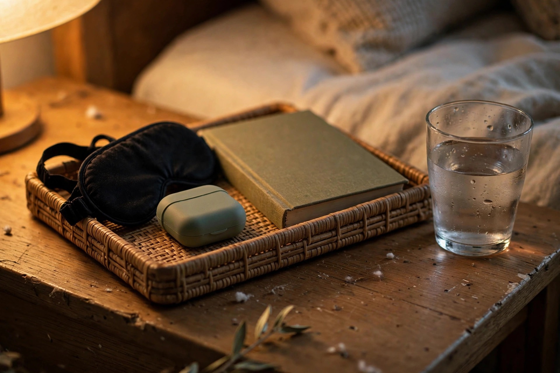 Small bedside tray with a sleep mask, earplugs and a book on the early sleeper side of the bed