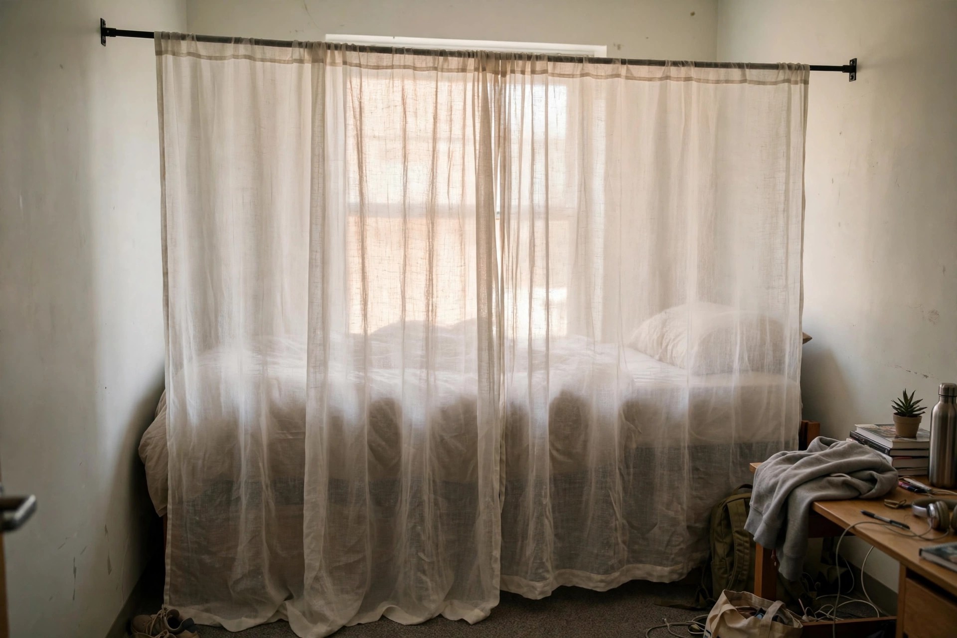 Sheer curtain on a tension rod giving privacy to one bed in a shared dorm room
