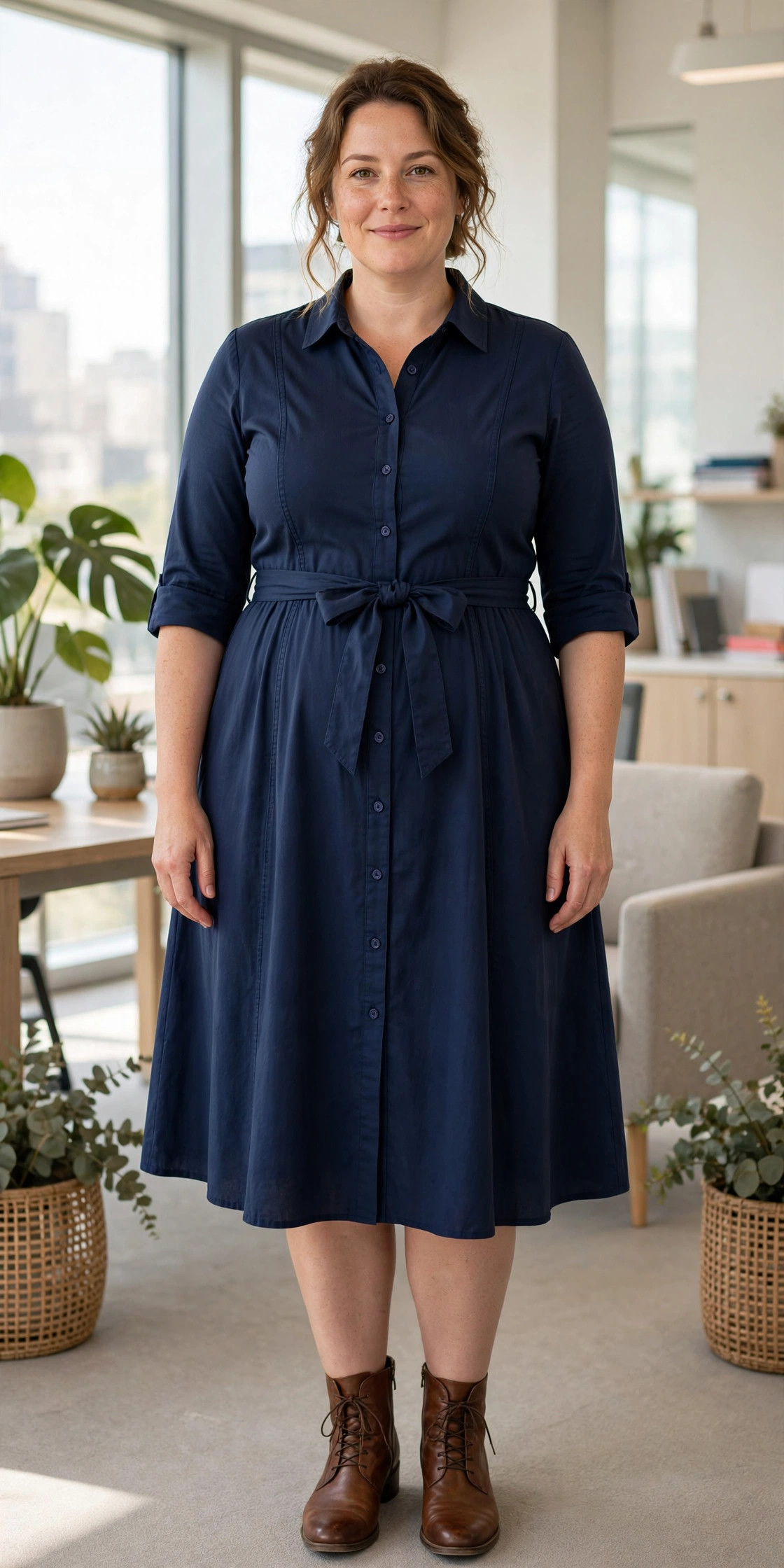 Woman wearing a navy shirt dress with a waist belt, a flattering work dress for a fuller midsection