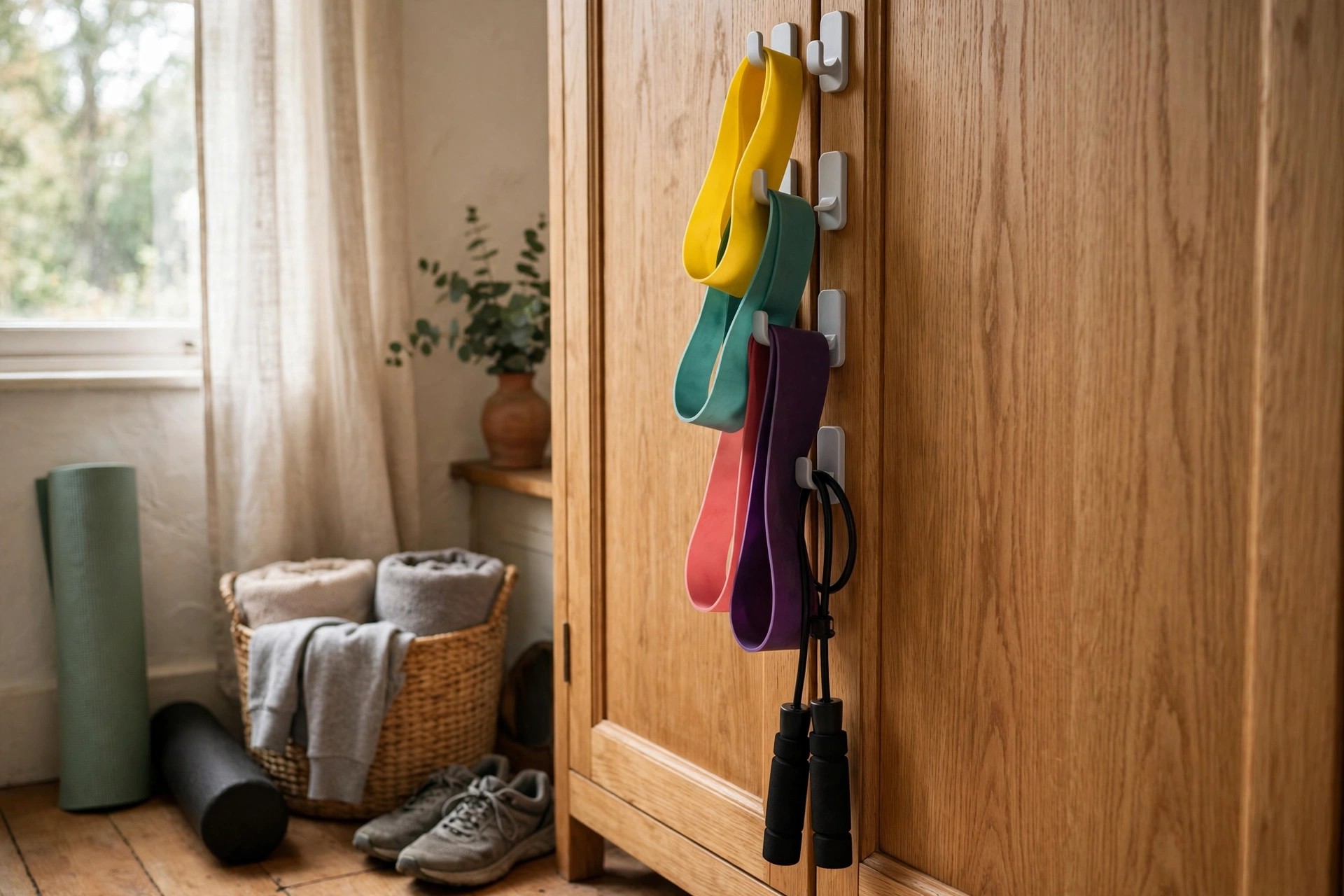 Resistance bands and a skipping rope hanging on removable hooks inside a bedroom gym corner