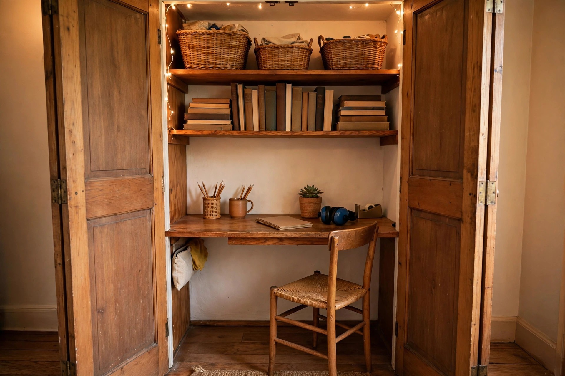 Closet converted into a tiny homeschool study nook with a desk shelf and baskets