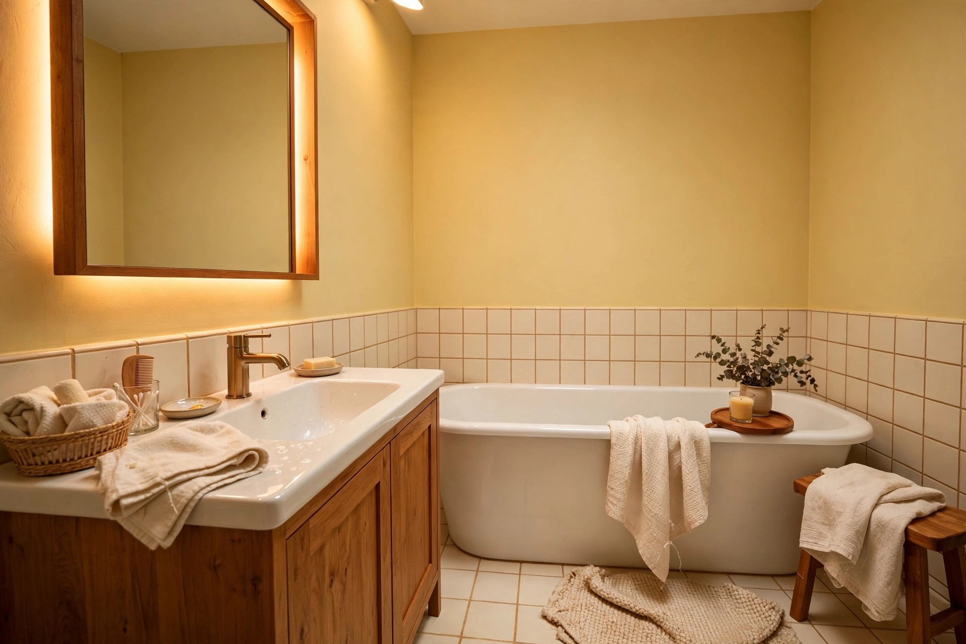 Buttercream yellow walls faking sunshine in a windowless bathroom with cream tiles