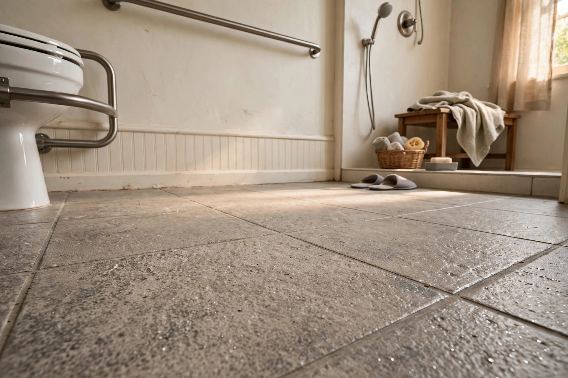 Matte textured stone-effect flooring in a senior friendly bathroom for elderly parents