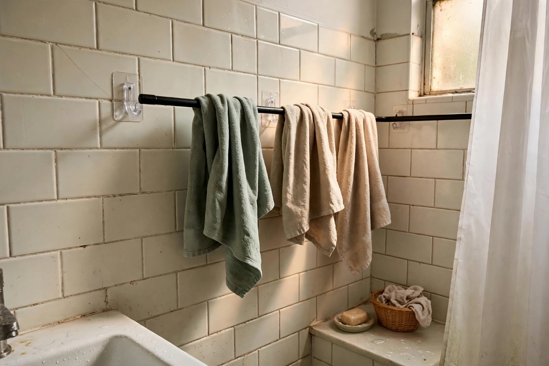 Removable adhesive hooks holding a towel rail on a tiled wall in a renter friendly bathroom idea with no drilling