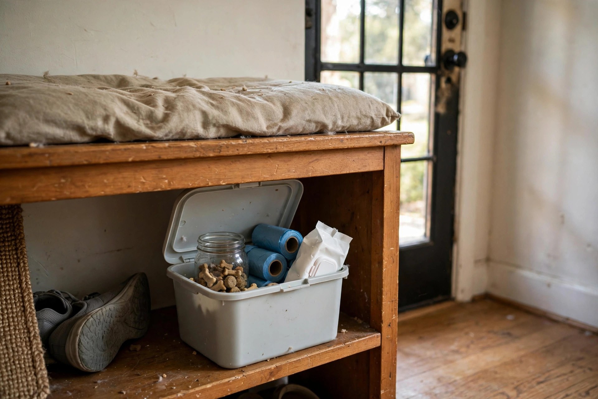 Lidded bin holding treats, waste bags and wipes in a mudroom corner for dog owners