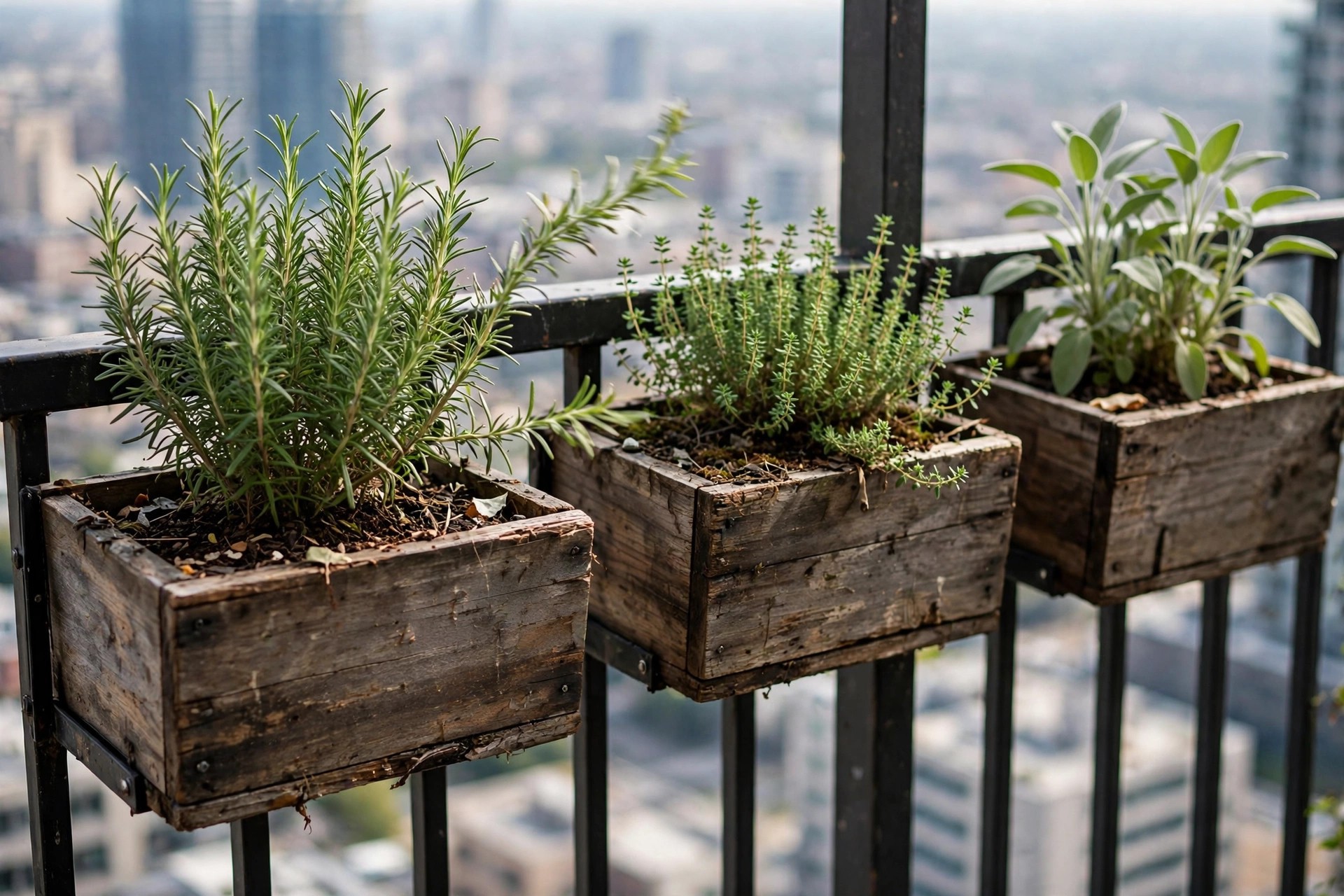 Herb boxes fixed inside the railing of a windy high-rise apartment balcony herb garden