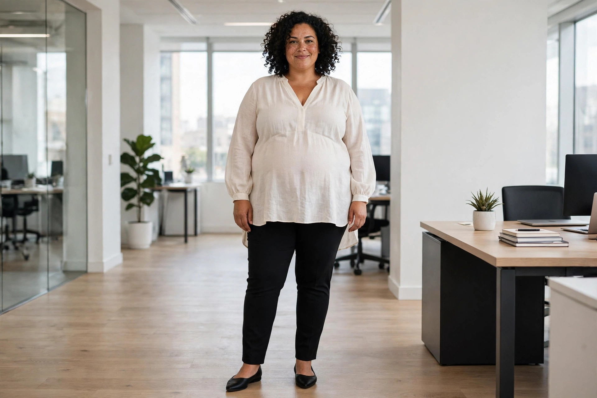 Apple shaped woman wearing a flowing ivory tunic blouse over black cigarette trousers in an office