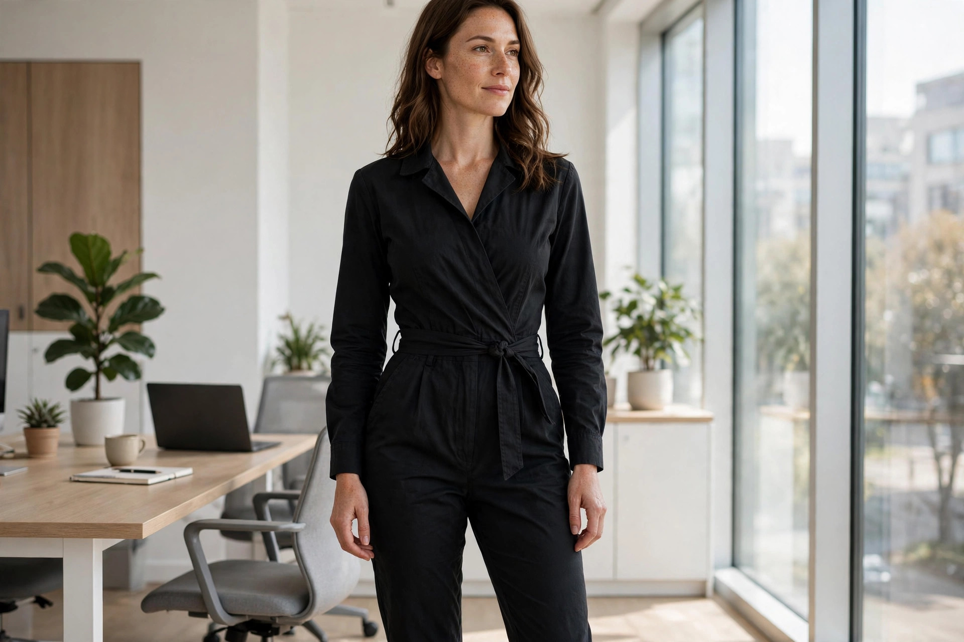 Hourglass woman wearing a tailored black jumpsuit with a cinched tie waist in an office
