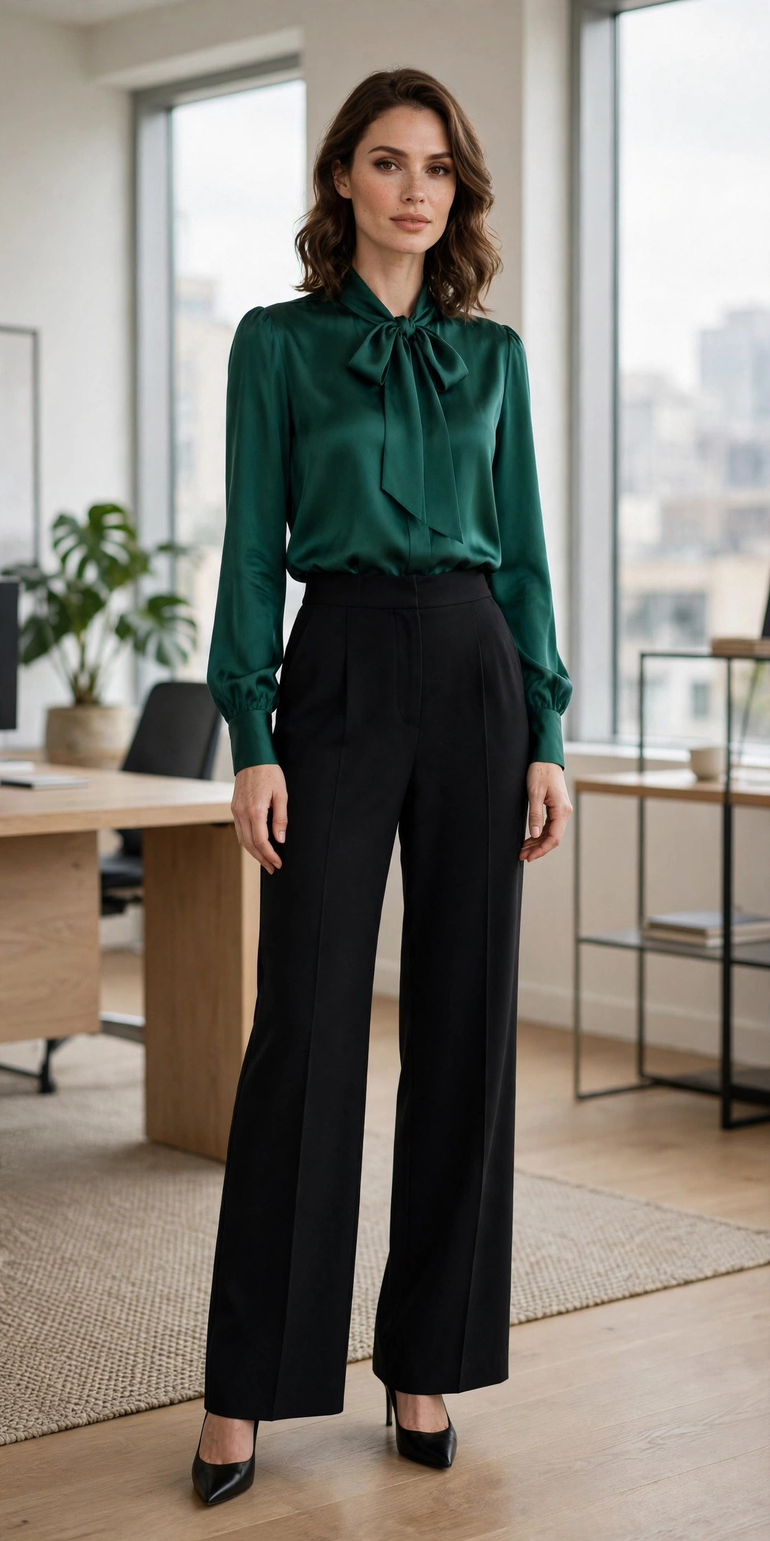 Monochrome black wide-leg trousers and pointed pumps with an emerald statement blouse tucked in, long torso office outfit