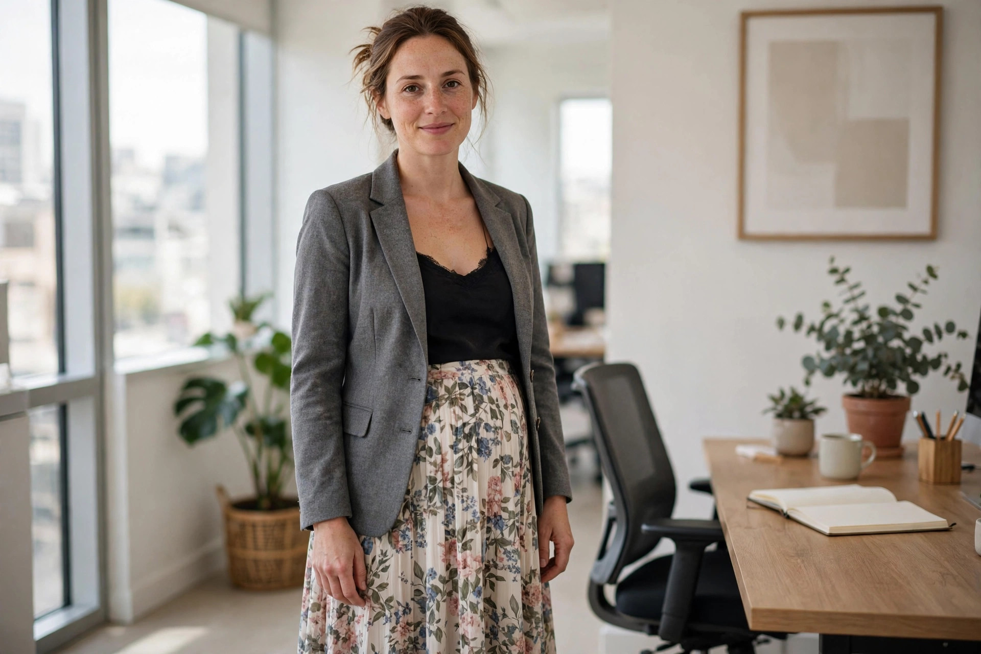 Woman in a grey blazer over a black camisole with a floral midi skirt in a bright office