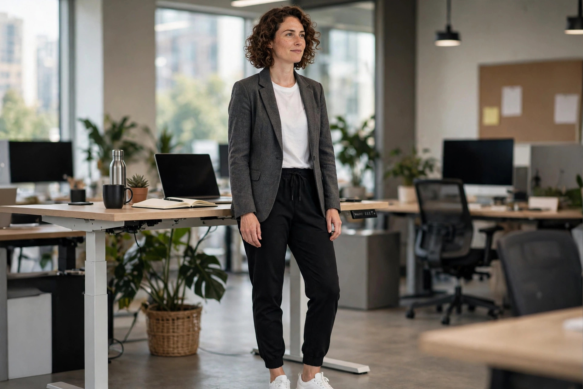 Charcoal blazer and white tee with black tailored jogger trousers at a standing desk