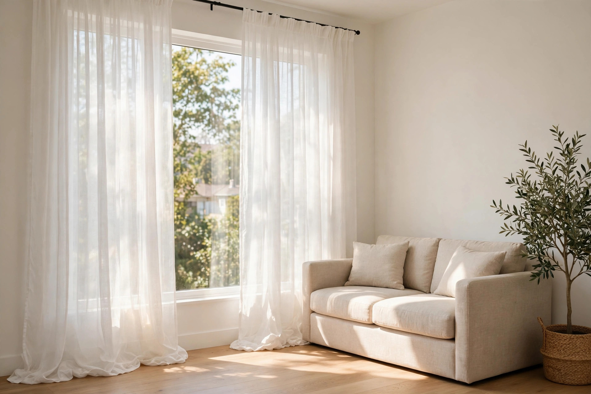 Long sheer white curtains hung high to the floor beside a beige loveseat, making a small living room feel taller
