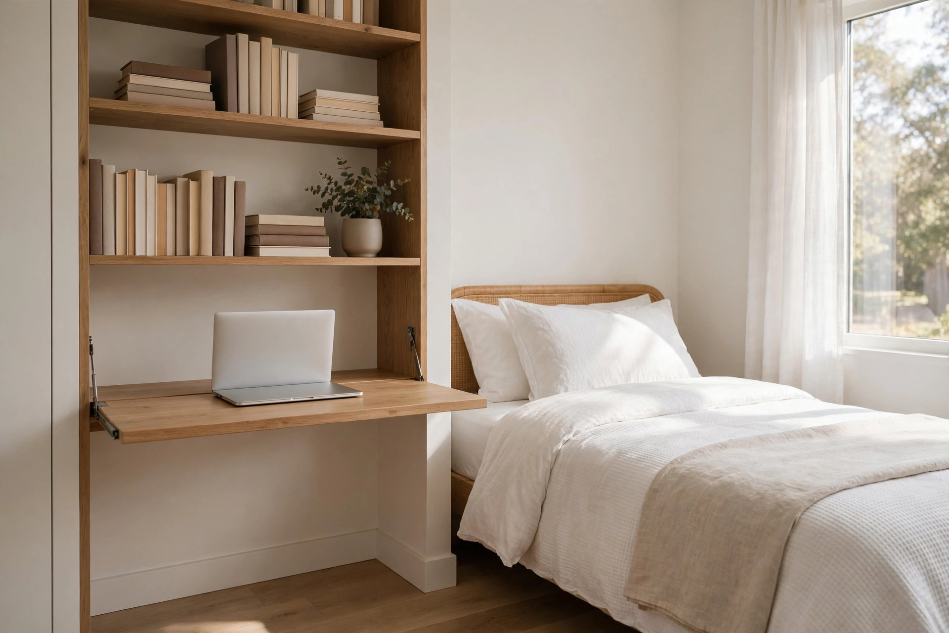 Fold-down desk open below open wooden shelving with books inside a small bedroom