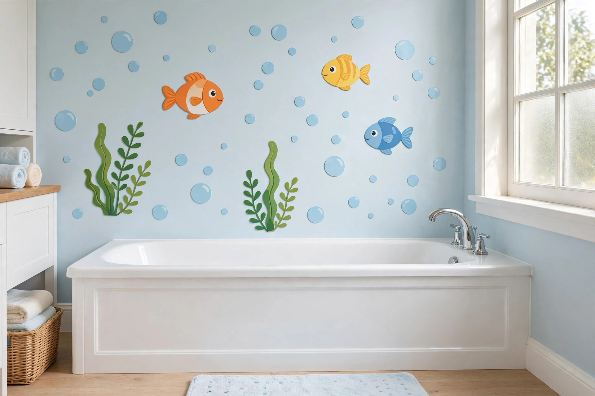 Flat sea-creature wall decals with fish, bubbles and seaweed above a bathtub, a kids bathroom idea for toddlers