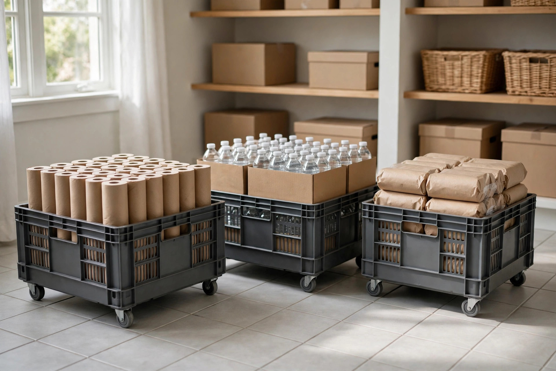 Wheeled grey crates on a tiled pantry floor holding bulk rolls, bottled water cases and paper-wrapped packs