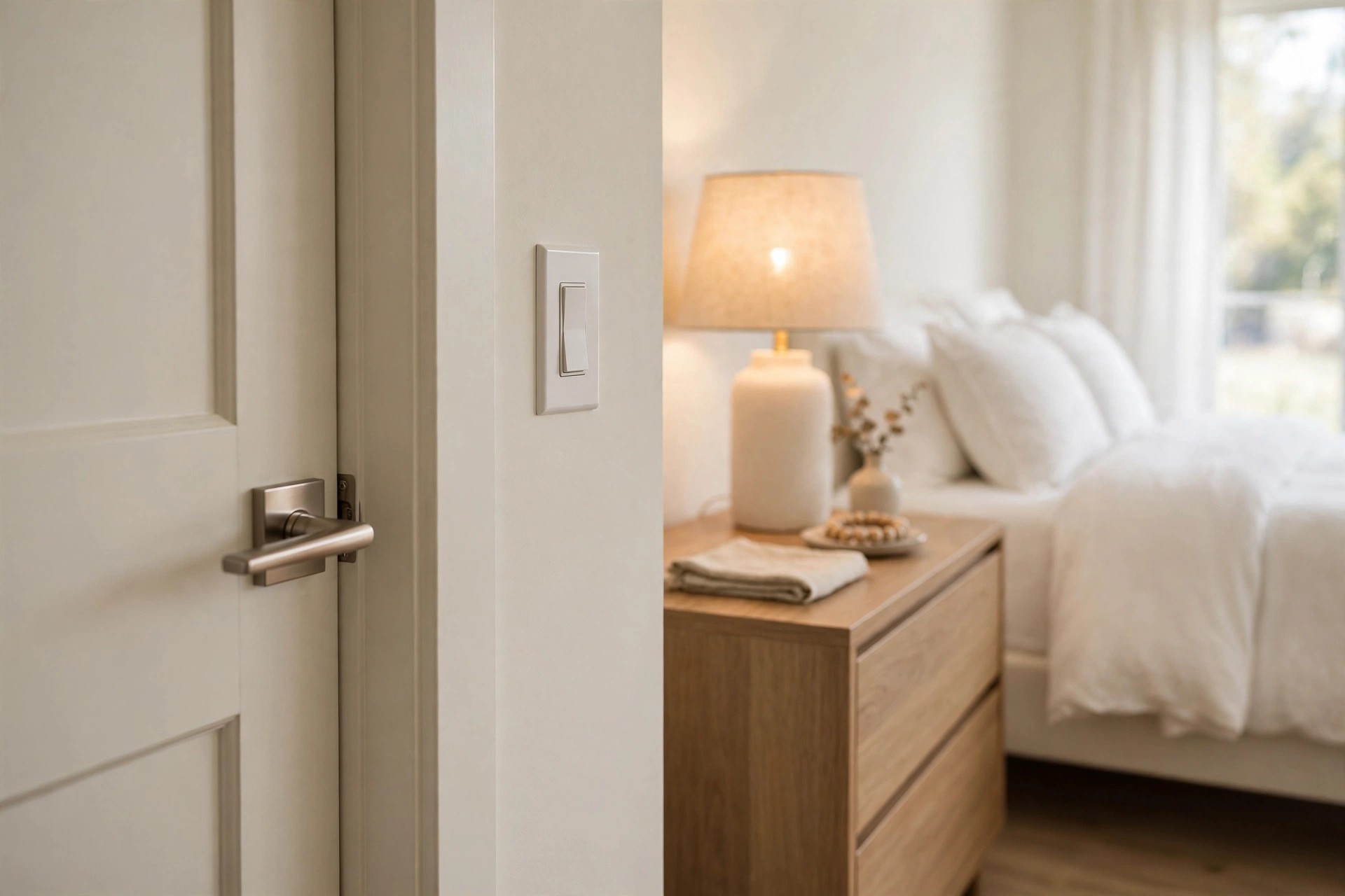 Bedroom doorway with a lever door handle and a large rocker light switch on a clean wall
