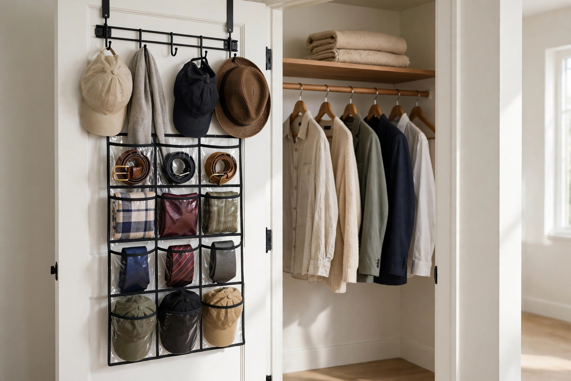 Inside of a closet door with over-door hooks and a clear pocket organiser holding caps, belts, scarves and ties