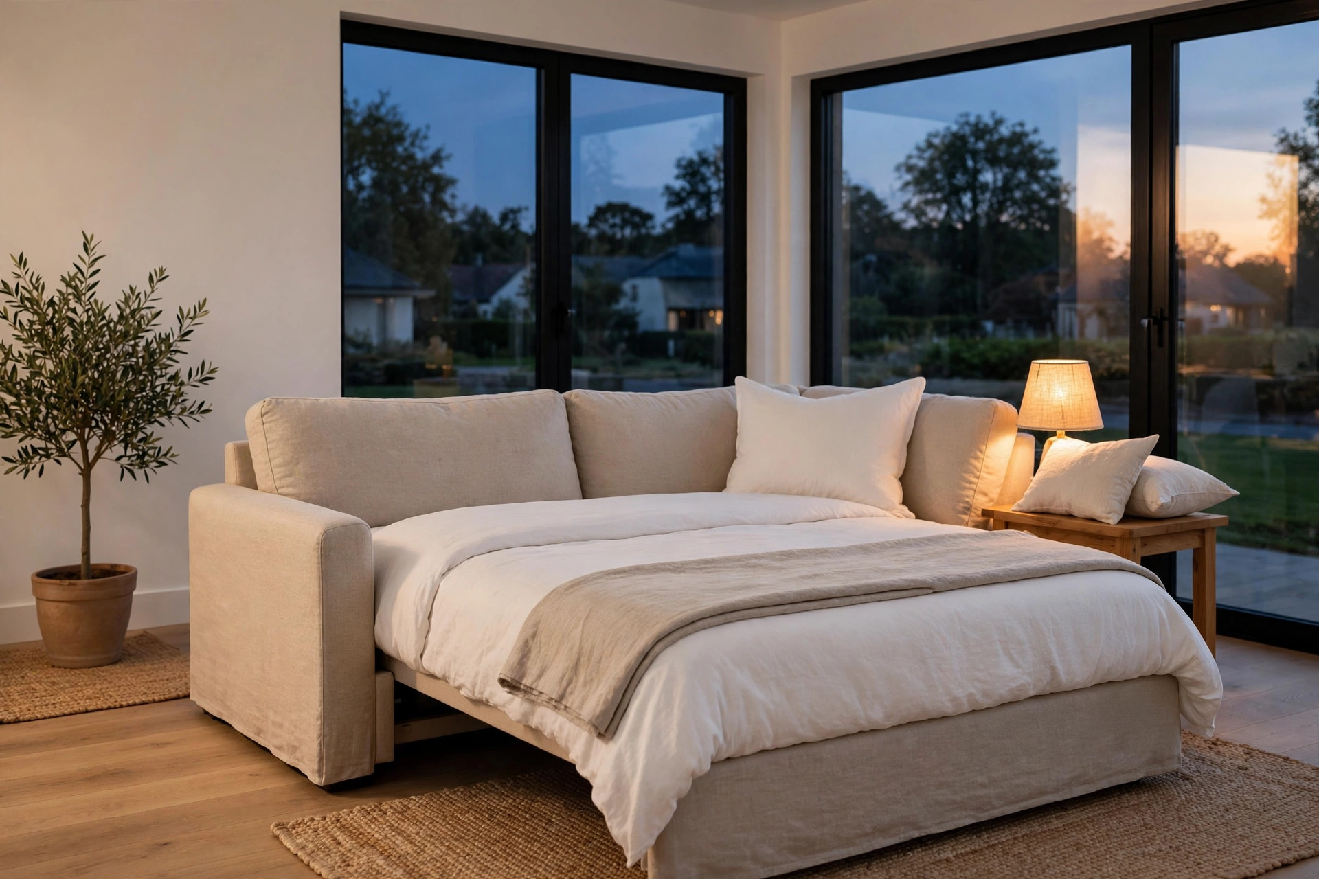 Sofa bed at dusk with a warm table lamp beside the pillow, a cosy sofa bed living room idea
