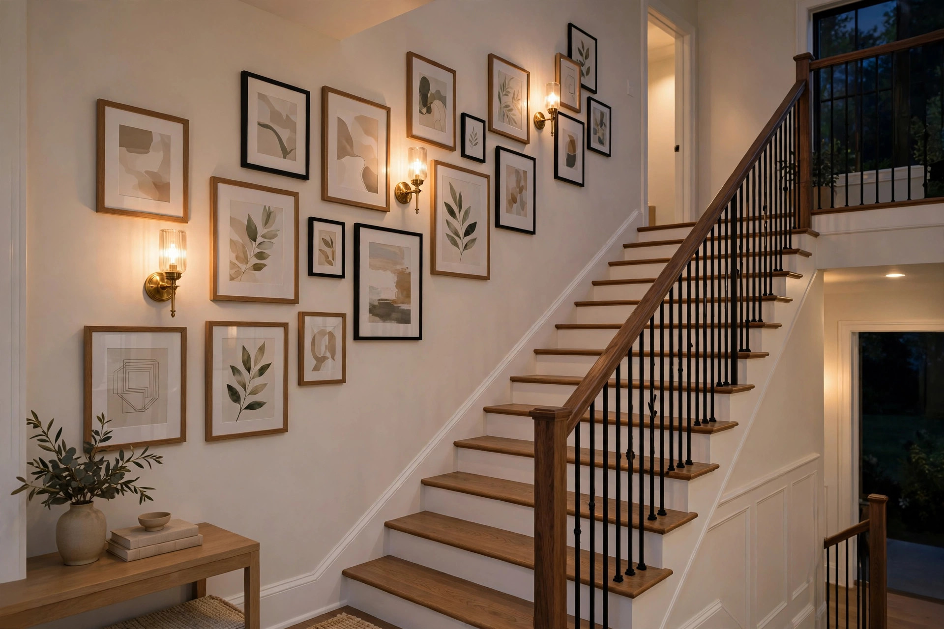 Warm wall sconces glowing among framed pictures on an evening staircase