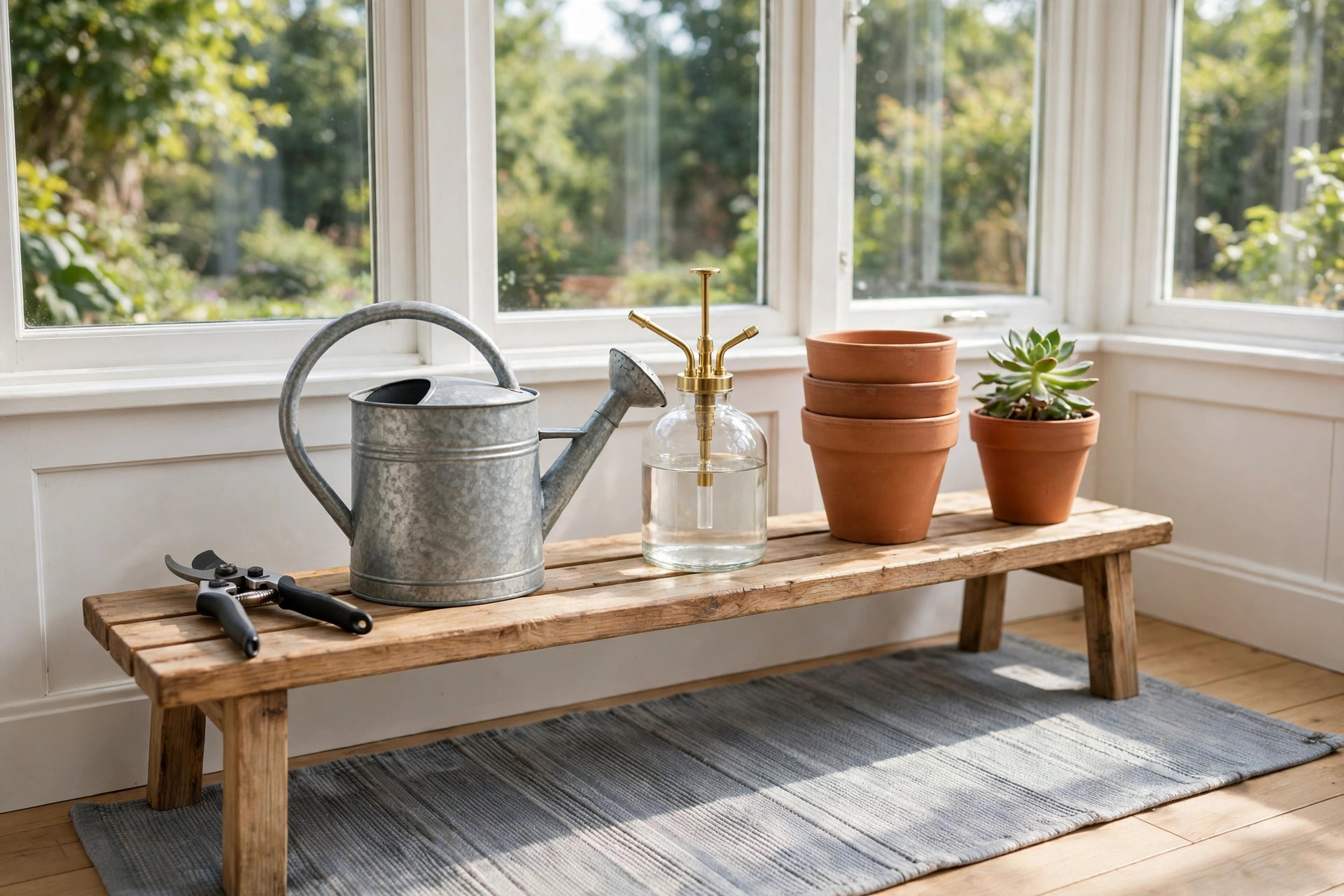Wooden potting bench in a sunroom with a metal watering can, a glass plant mister, pruning snips and stacked terracotta pots