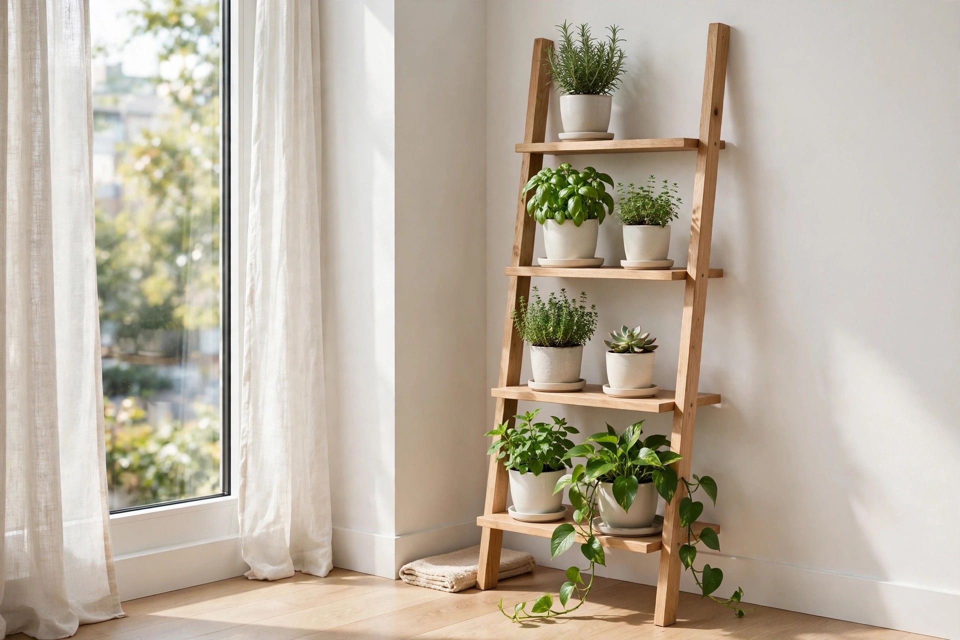Wooden ladder-shelf garden leaning against a wall with herbs and houseplants in white pots by a window