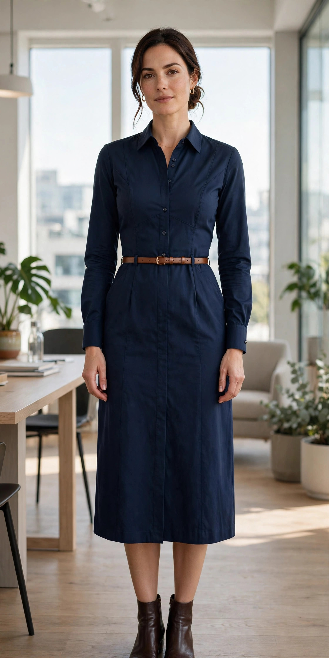 Woman with a large bust in a navy princess-seam shirt dress belted at the waist for a tailored office look