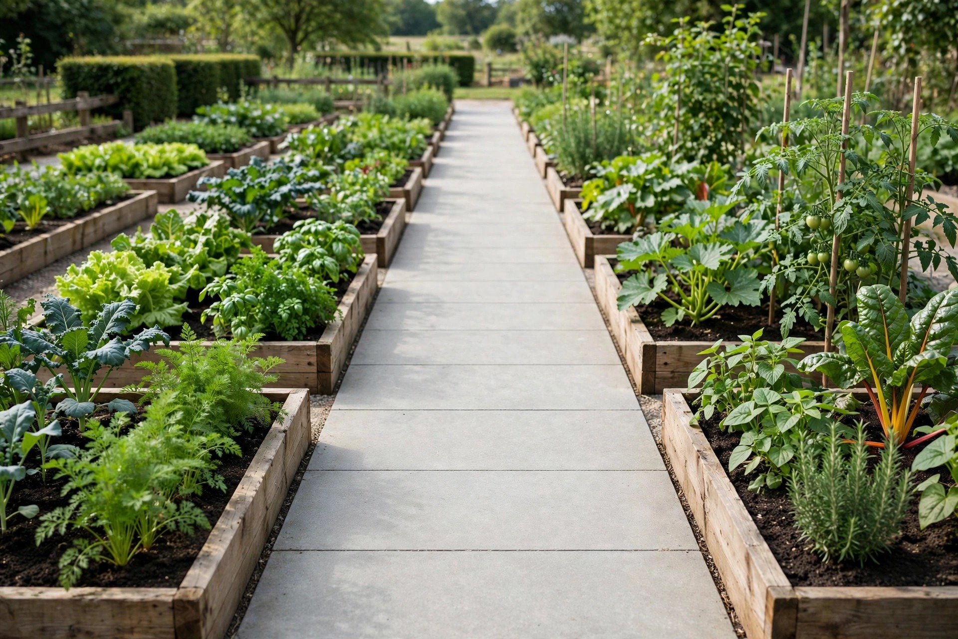 Neat raised beds in a row along a wide, firm, level paved garden path