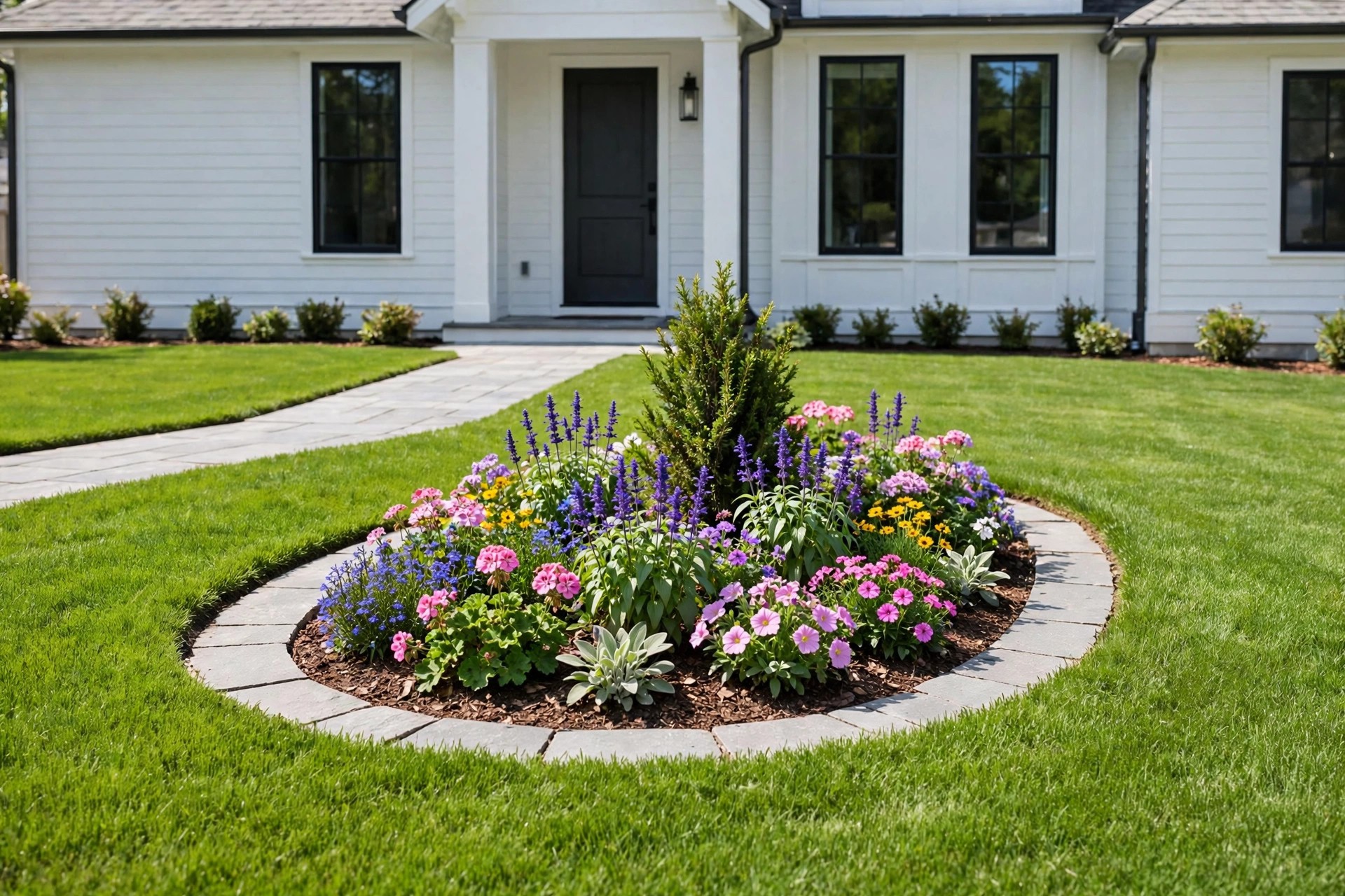 Oval island flower bed with stone edging in the middle of a tidy green front lawn