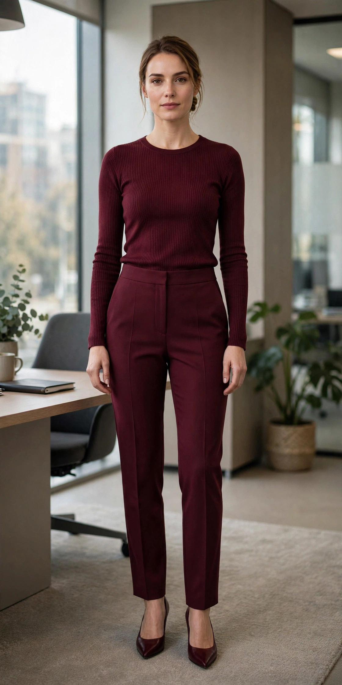 Burgundy monochrome high-rise trousers, fine knit and oxblood pointed pumps worn head to toe, an office outfit for women with short legs