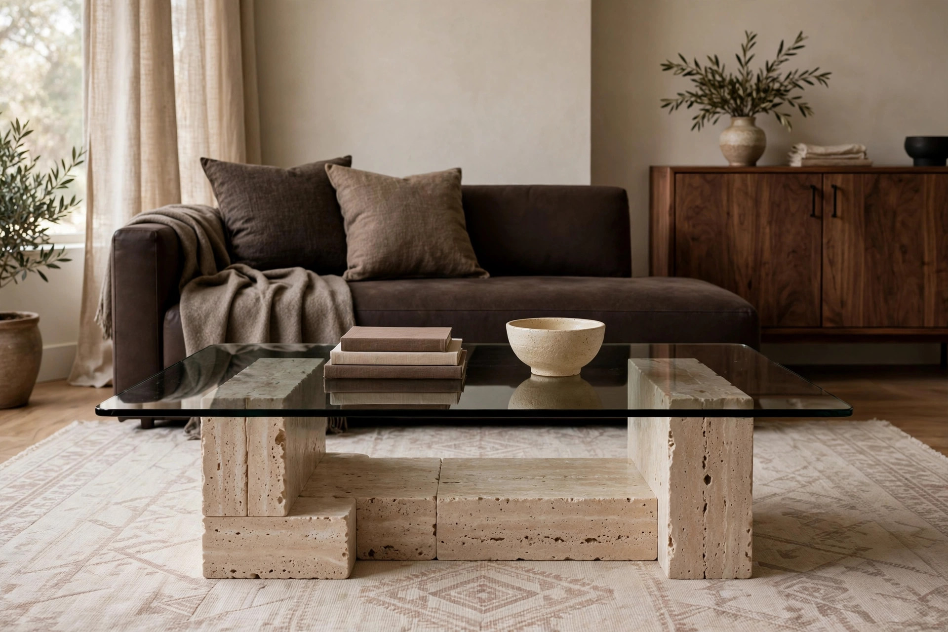 Smoked glass and travertine coffee table styled in a modern brown living room