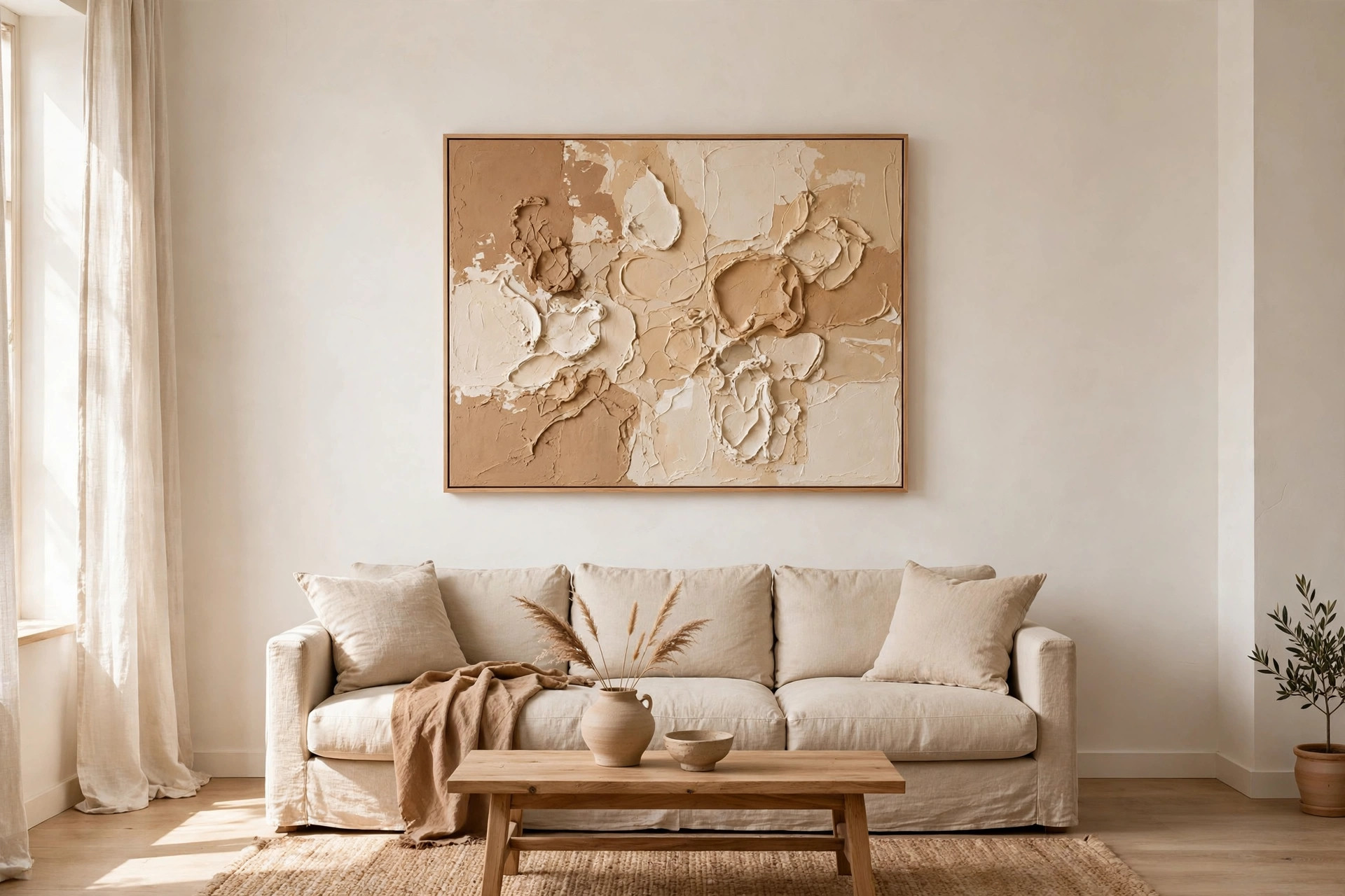 One large abstract painting in clay, tan and cream tones above a sofa in a minimalist brown living room