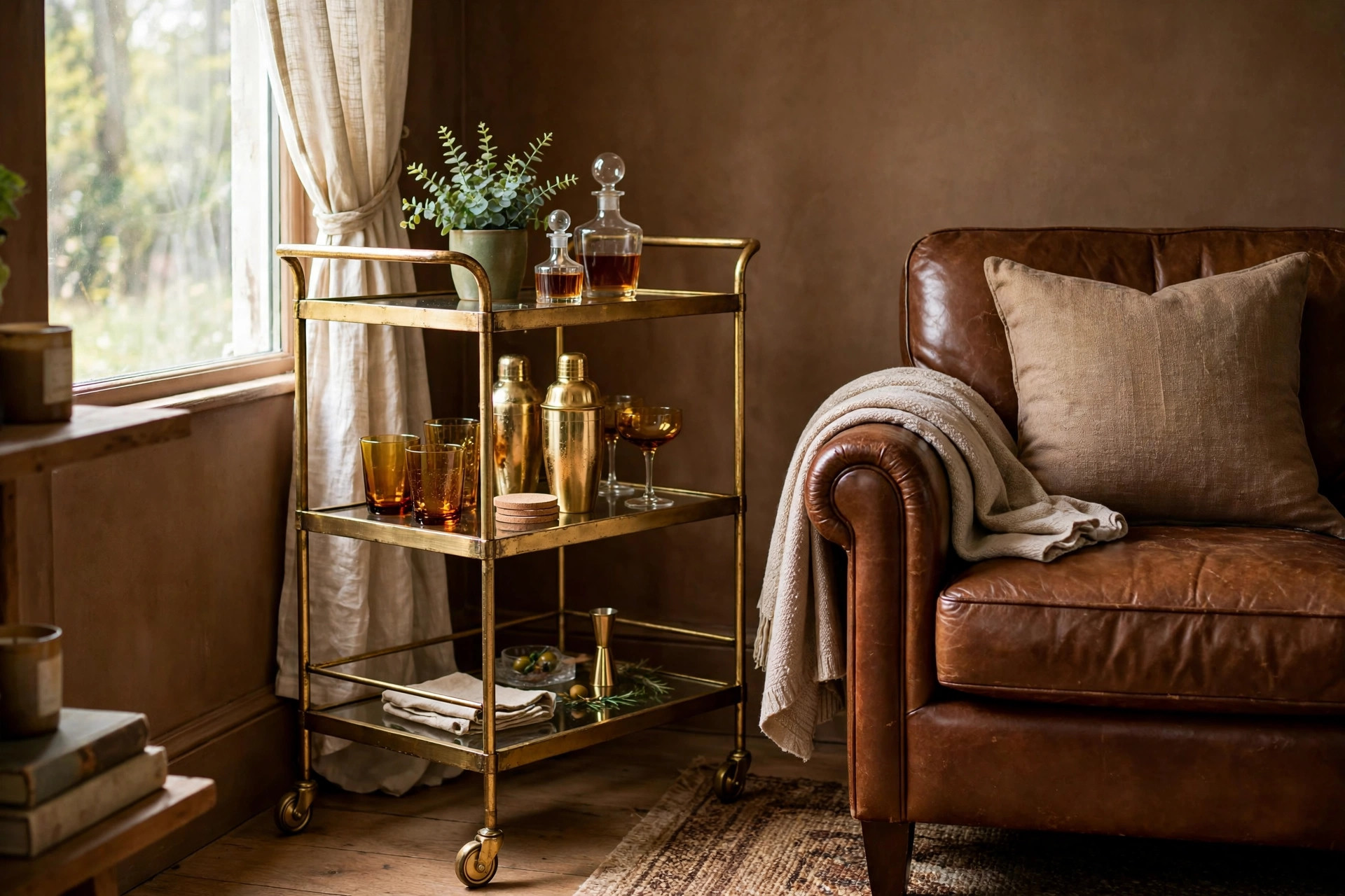 Gold bar cart with glass shelves styled in the corner of a brown living room