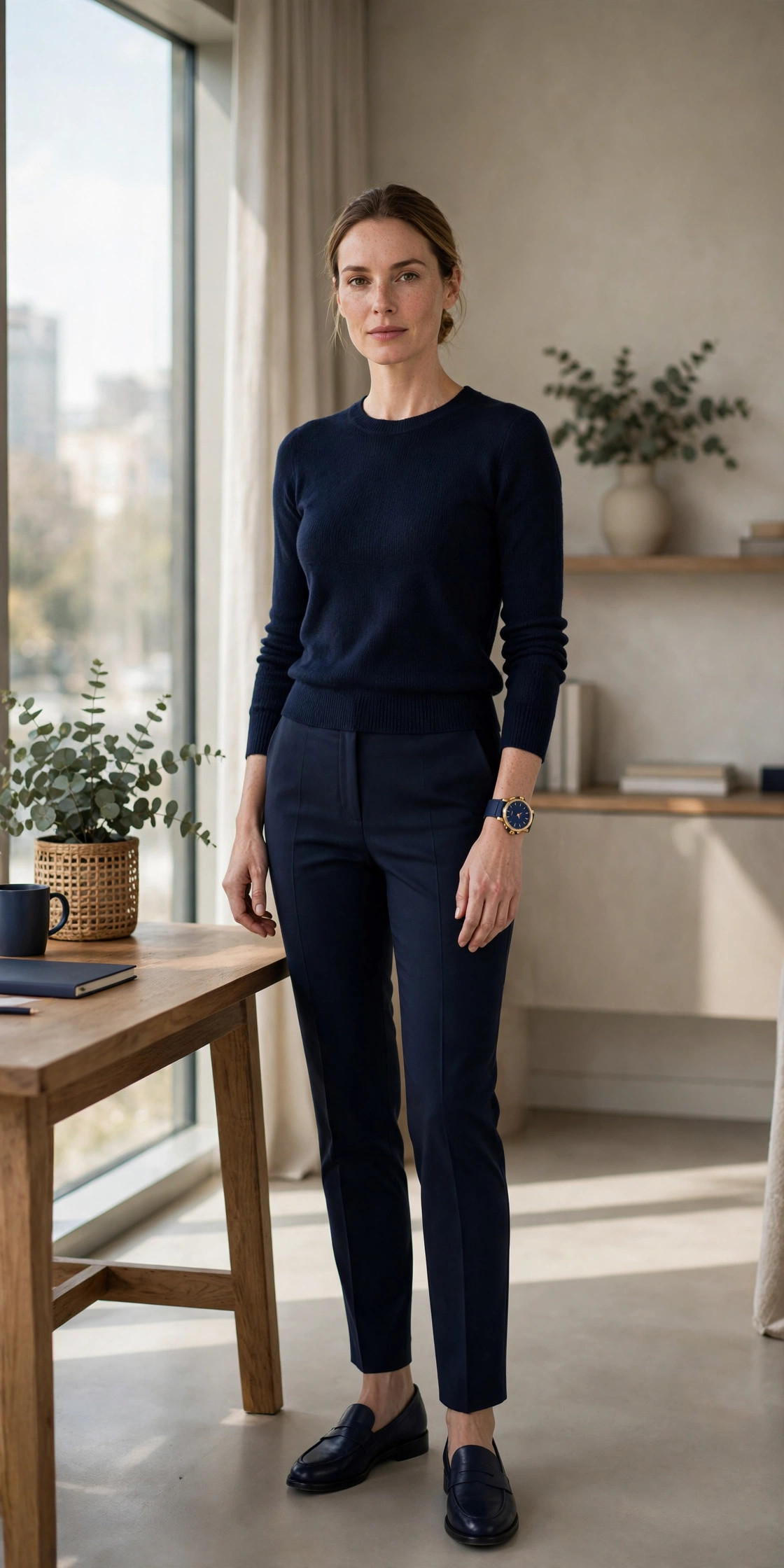 Woman wearing a monochrome navy knit top, tailored trousers and loafers in a modern office — minimalist office outfit for women