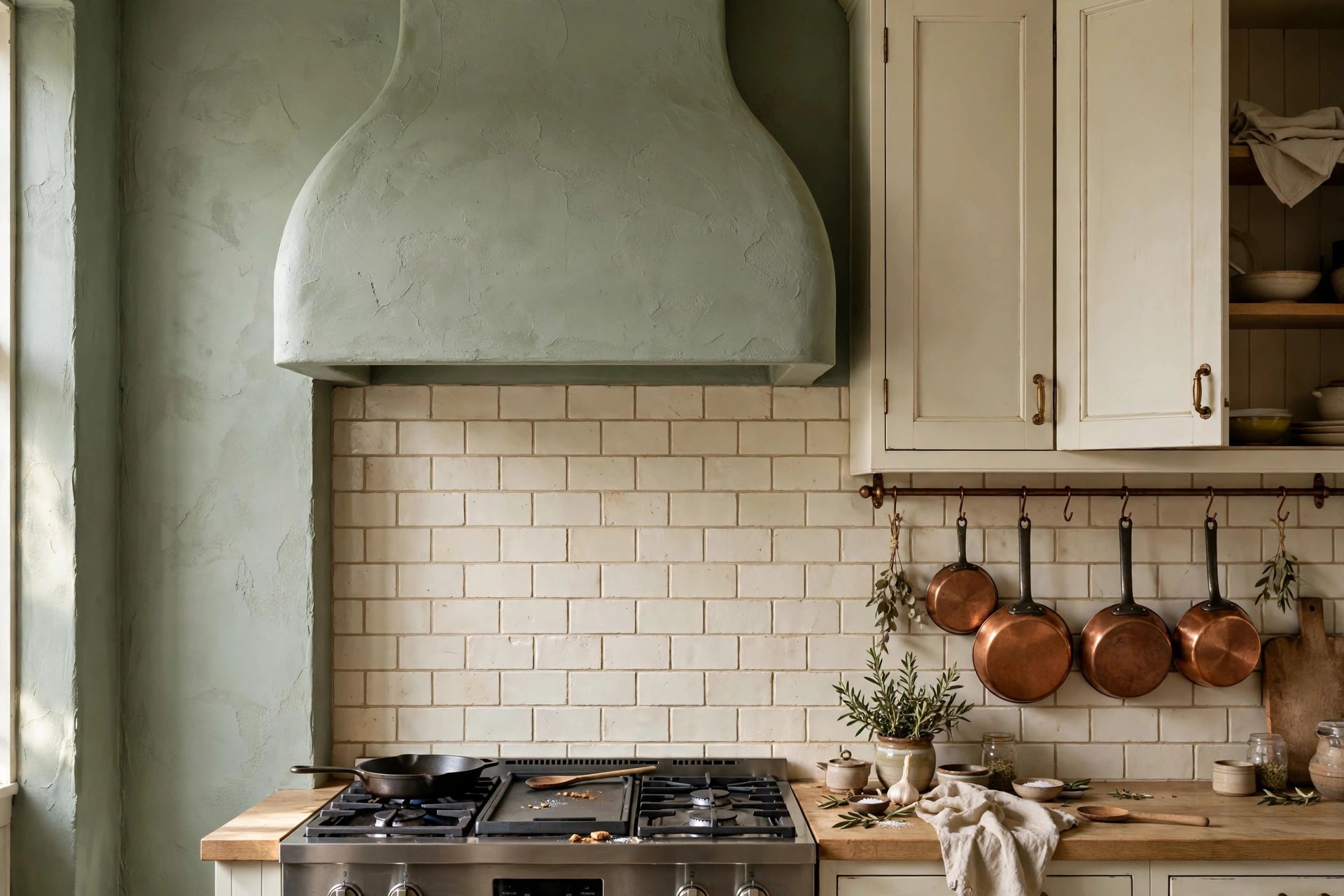 Sage green range hood surround with cream tiles in a sage kitchen
