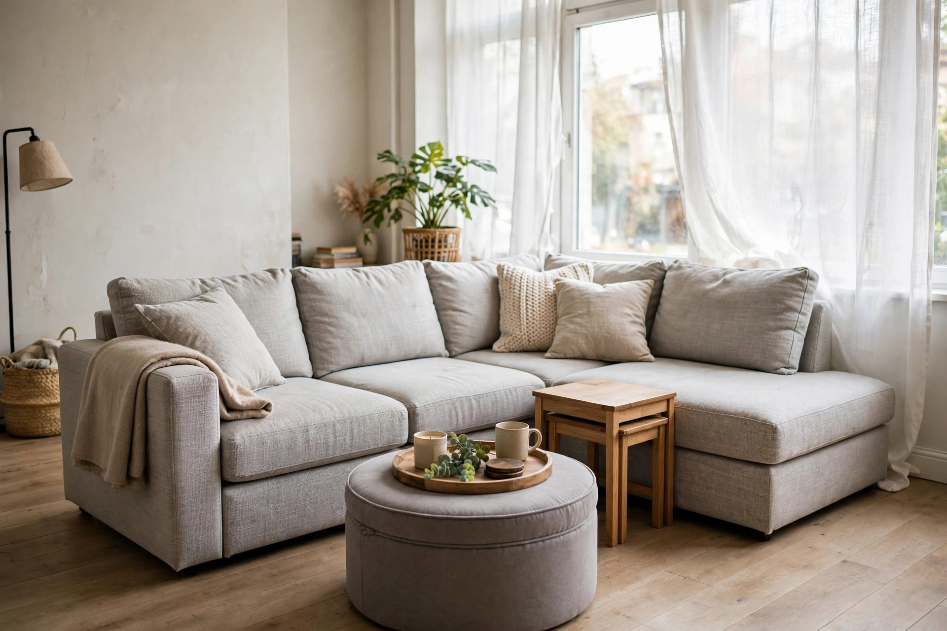 Modular sofa, storage ottoman and nesting tables in a flexible renter friendly living room layout