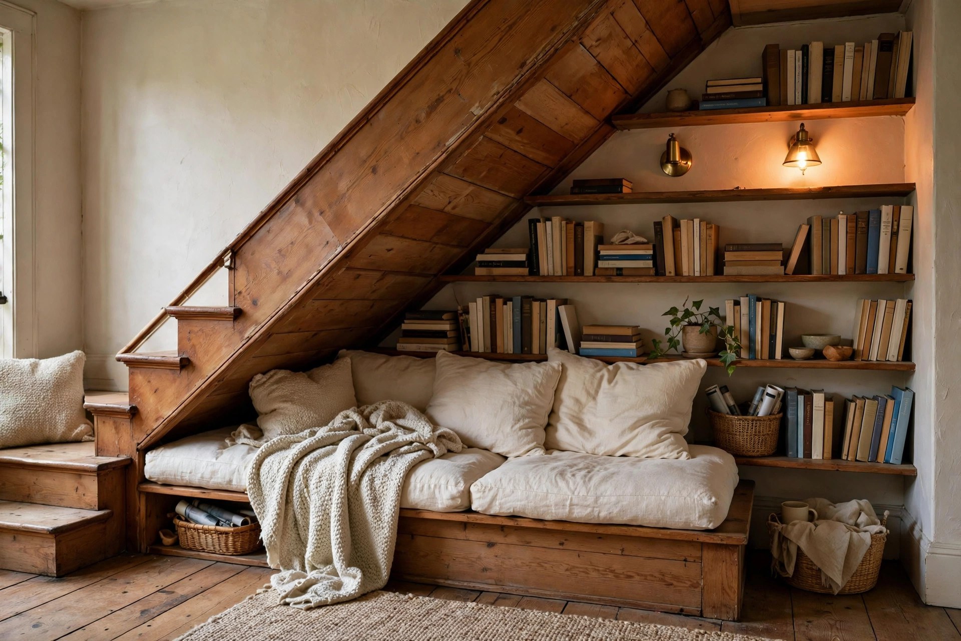 Under stairs reading nook with a built-in bench, cushions and a wall of low bookshelves