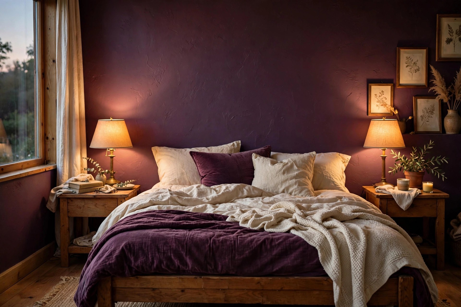 Warm bedside lamplight making plum bedroom walls glow rich purple in the evening