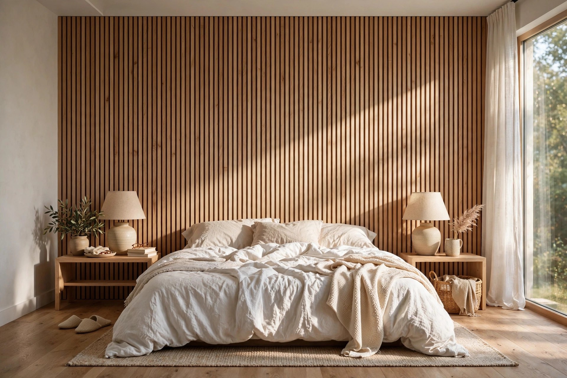 Vertical light oak wood slat panel wall behind a bed with no headboard, above bed decor idea